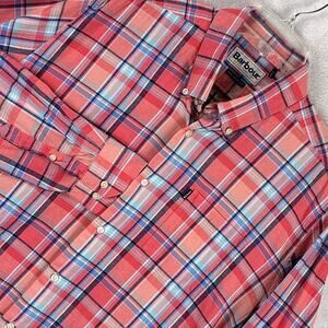 Barbour Bram Flannel Shirt Mens L Pink Blue Tartan Plaid Preppy Tailored Fit